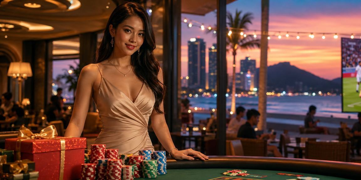 Không gian casino đầy ánh sáng neon và biển cả Đà Nẵng